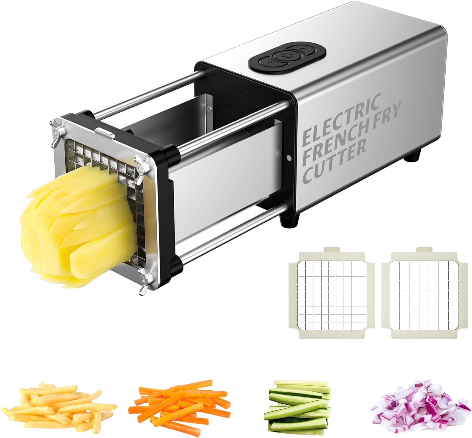 Electric French Fry Cutter, Automatic Fry Cutter Stainless Steel with 1/2 & 3/8 Inch Blade for Homemade Fries, french fry cutter for Potatoes,Vegetable Cutter, House Warming Gifts (silver)