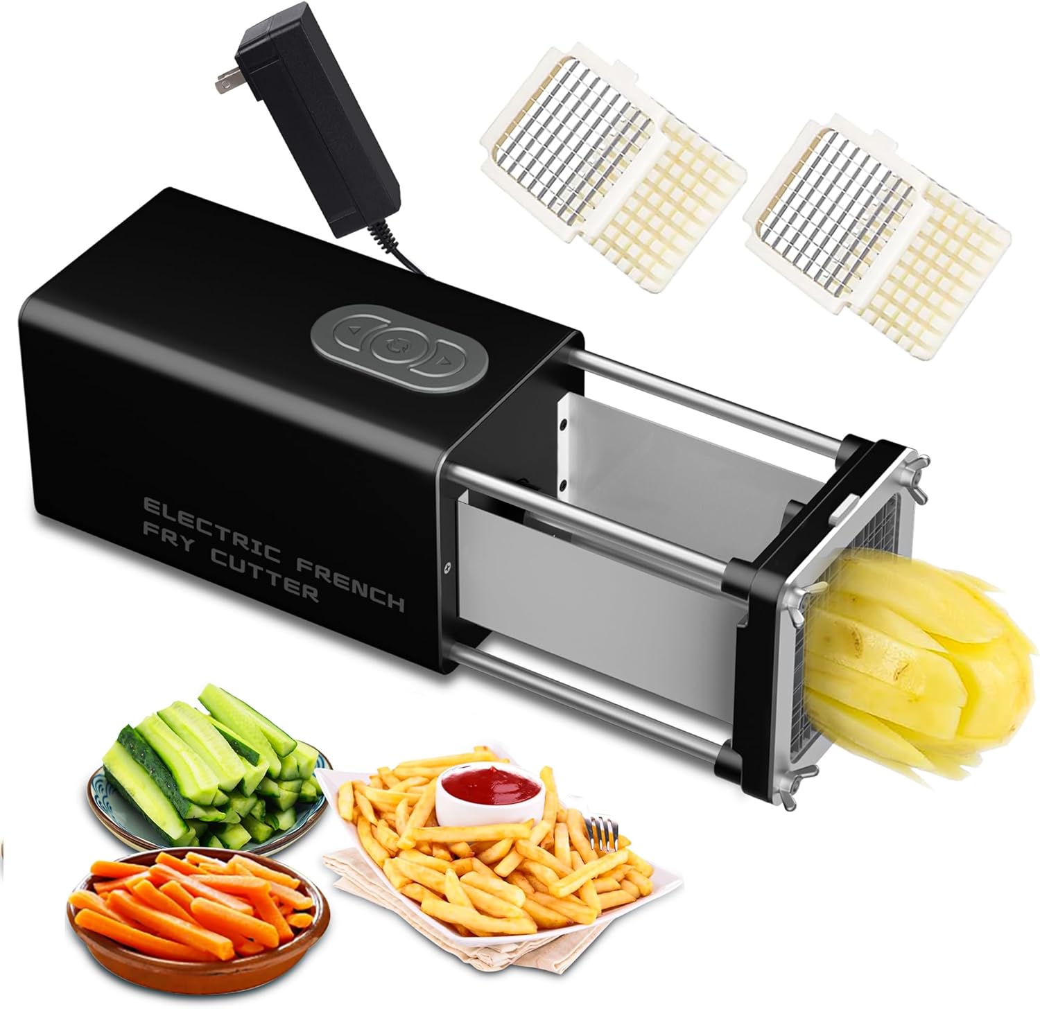 Electric French Fry Cutter, French fries cutter with 1/2 & 3/8 Inch blade, Automatic potato cutter, Professional commercial and household potato slicer, use for potato, carrot, apple (Black)