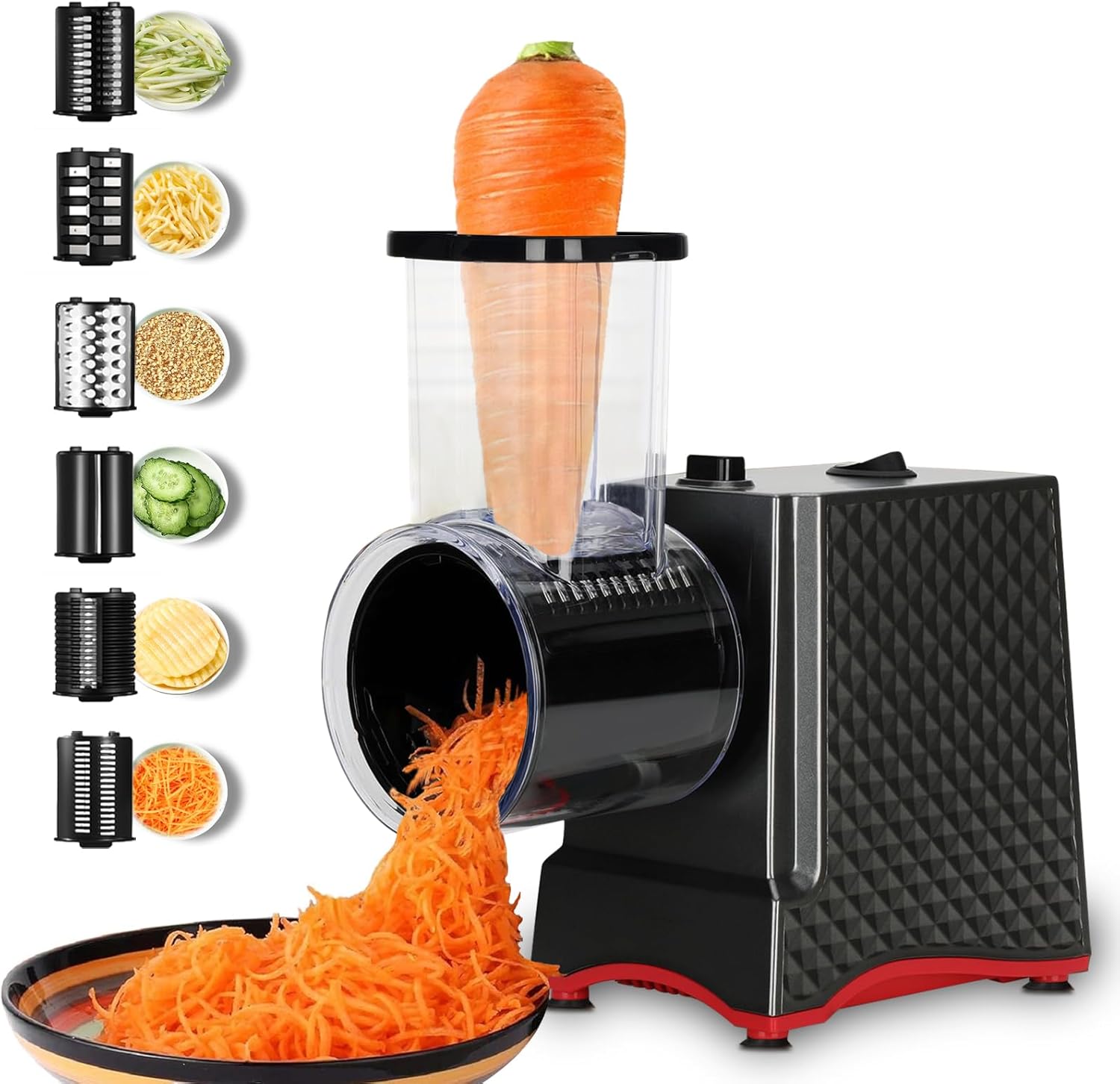 Electric Cheese Grater with 5 Stainless Steel Blades – Coarse, Fine, Slicer, Wavy Slicer & Grinder – Quick & Easy Food Prep